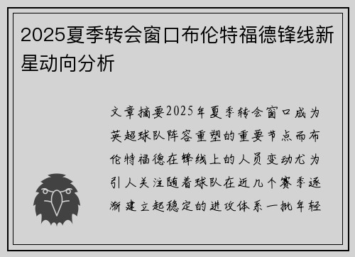 2025夏季转会窗口布伦特福德锋线新星动向分析