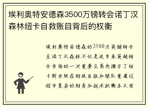 埃利奥特安德森3500万镑转会诺丁汉森林纽卡自救账目背后的权衡