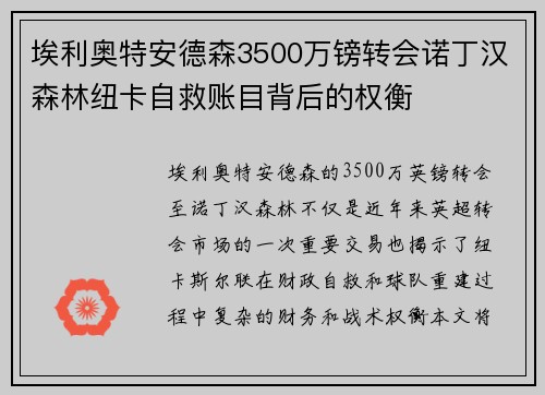 埃利奥特安德森3500万镑转会诺丁汉森林纽卡自救账目背后的权衡